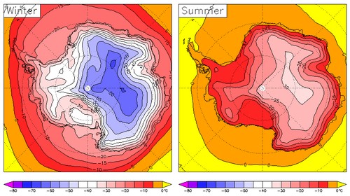 Temperatura de la superficie antártica en invierno y en verano. 